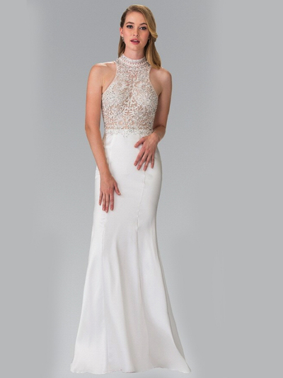 50-2227 High Neck Embroidered Long Prom Dress - Ivory, Front View Medium