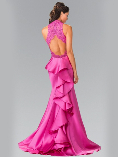 50-2227 High Neck Embroidered Long Prom Dress - Magenta, Back View Medium