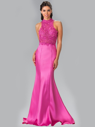 50-2227 High Neck Embroidered Long Prom Dress - Magenta, Front View Medium