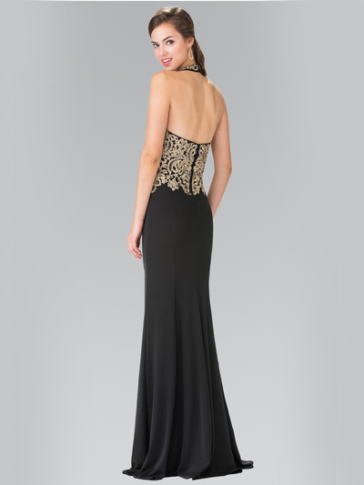 50-2231 Halter Embroidered Long Prom Dress - Black, Back View Medium