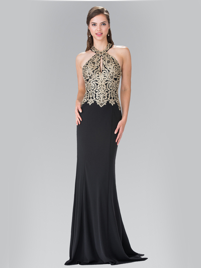 50-2231 Halter Embroidered Long Prom Dress - Black, Front View Medium