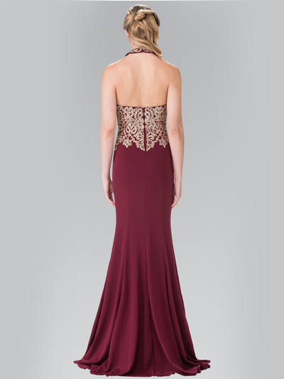 50-2231 Halter Embroidered Long Prom Dress - Burgundy, Back View Medium