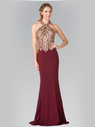 50-2231 Halter Embroidered Long Prom Dress - Burgundy, Front View Medium