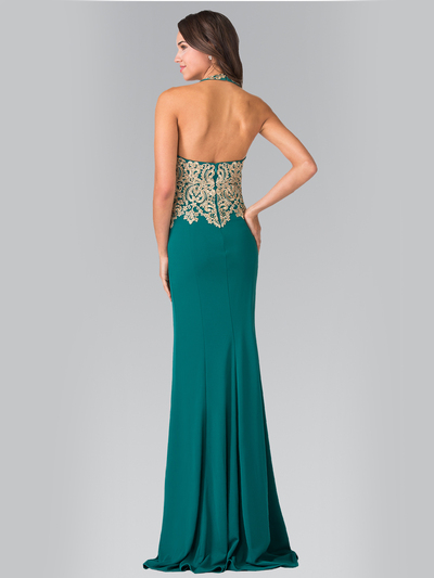 50-2231 Halter Embroidered Long Prom Dress - Teal, Back View Medium