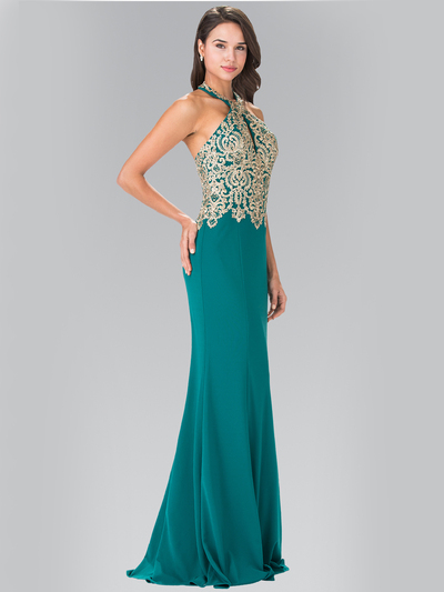 50-2231 Halter Embroidered Long Prom Dress - Teal, Front View Medium