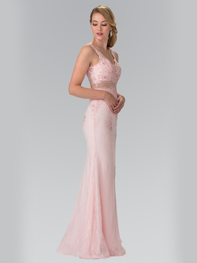 50-2240 Mock Two-Piece Lace Evening Dress with Flare Hem - Blush, Back View Medium