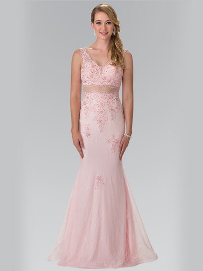 50-2240 Mock Two-Piece Lace Evening Dress with Flare Hem - Blush, Front View Medium