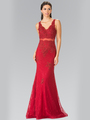 50-2240 Mock Two-Piece Lace Evening Dress with Flare Hem - Burgundy, Front View Thumbnail