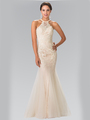 50-2243 Halter Beaded Lace Tulle Long Prom Dress - Champagne, Front View Thumbnail