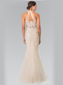 50-2243 Halter Beaded Lace Tulle Long Prom Dress - Champagne, Back View Thumbnail