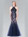 50-2243 Halter Beaded Lace Tulle Long Prom Dress - Navy, Front View Thumbnail