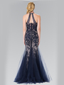 50-2243 Halter Beaded Lace Tulle Long Prom Dress - Navy, Back View Thumbnail