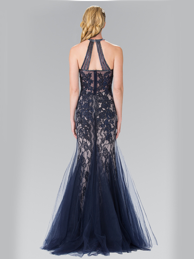 50-2243 Halter Beaded Lace Tulle Long Prom Dress - Navy, Back View Medium