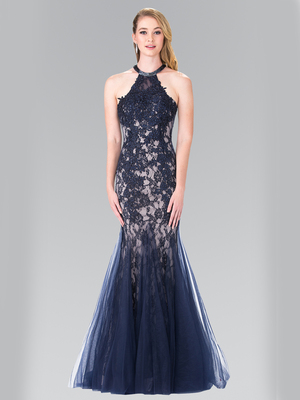 50-2243 Halter Beaded Lace Tulle Long Prom Dress, Navy