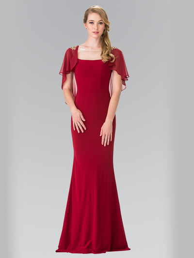50-2254 Long Evening Dress with Cape - Burgundy, Front View Medium