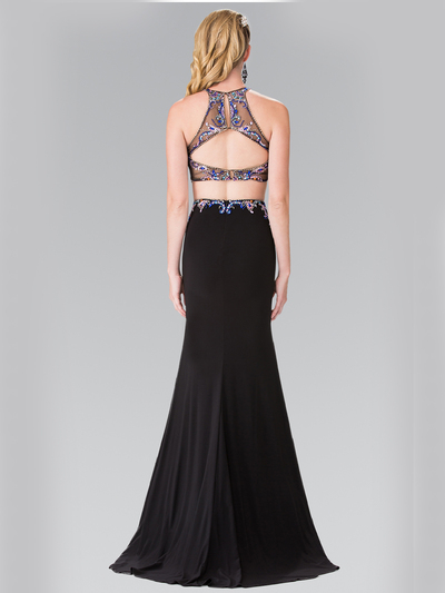 50-2277 Two-Piece Beaded Long Prom Dress with Slit - Black, Back View Medium