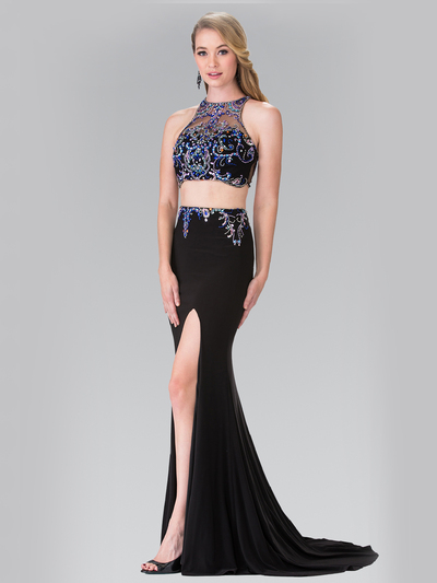 50-2277 Two-Piece Beaded Long Prom Dress with Slit - Black, Front View Medium