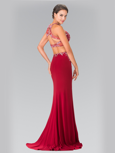 50-2277 Two-Piece Beaded Long Prom Dress with Slit - Burgundy, Back View Medium