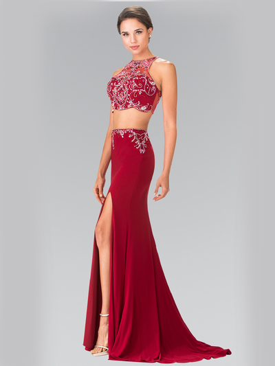 50-2277 Two-Piece Beaded Long Prom Dress with Slit - Burgundy, Front View Medium