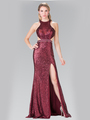 50-2278 High Neck Sequin Evening Dress with Open Back - Burgundy, Front View Thumbnail