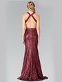 50-2278 High Neck Sequin Evening Dress with Open Back - Burgundy, Back View Thumbnail