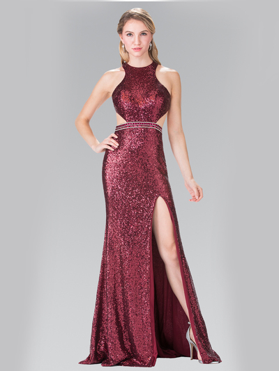 50-2278 High Neck Sequin Evening Dress with Open Back - Burgundy, Front View Medium