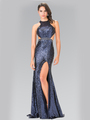 50-2278 High Neck Sequin Evening Dress with Open Back - Navy, Front View Thumbnail