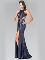 50-2278 High Neck Sequin Evening Dress with Open Back - Navy, Back View Thumbnail