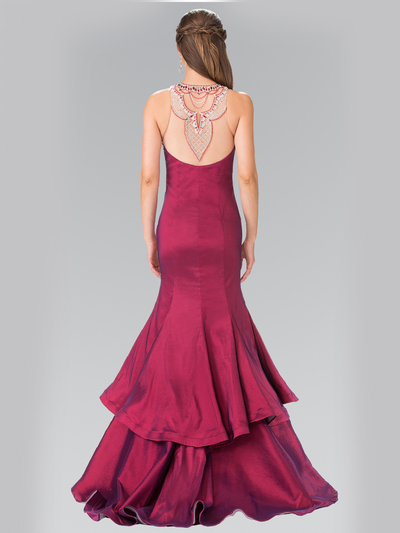 50-2290 Jeweled Accented Neckline Two-Tier Prom Dress with Slit - Burgundy, Back View Medium