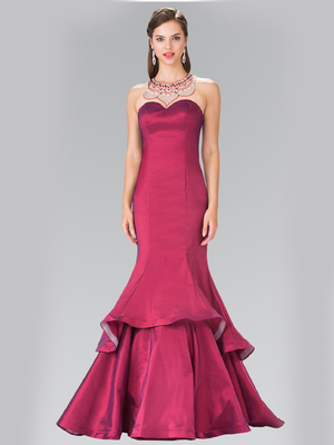 50-2290 Jeweled Accented Neckline Two-Tier Prom Dress with Slit, Burgundy