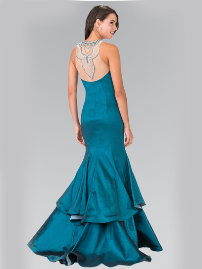 50-2290 Jeweled Accented Neckline Two-Tier Prom Dress with Slit - Teal, Back View Medium