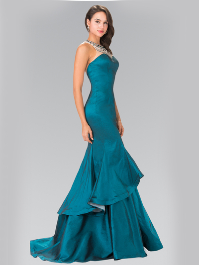 50-2290 Jeweled Accented Neckline Two-Tier Prom Dress with Slit - Teal, Front View Medium