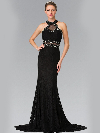 50-2297 High Neck Lace Long Prom Dress with Train - Black, Front View Medium