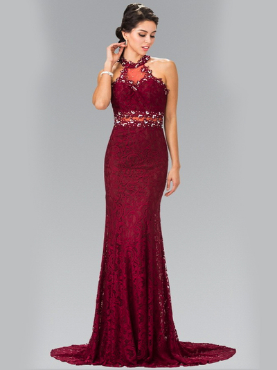 50-2297 High Neck Lace Long Prom Dress with Train - Burgundy, Front View Medium
