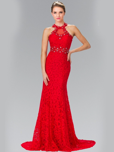 50-2297 High Neck Lace Long Prom Dress with Train - Red, Front View Medium