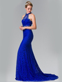 50-2297 High Neck Lace Long Prom Dress with Train - Royal Blue, Front View Thumbnail