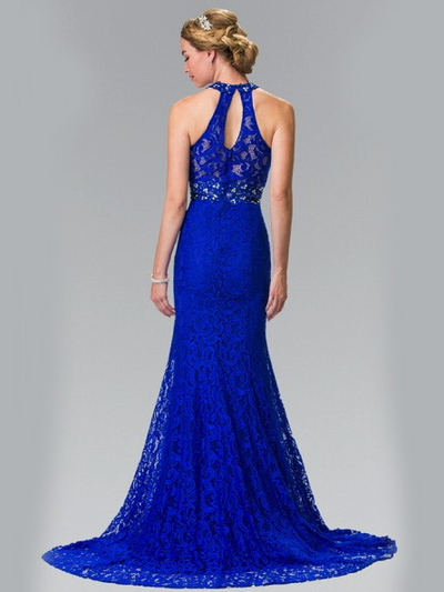 50-2297 High Neck Lace Long Prom Dress with Train - Royal Blue, Back View Medium