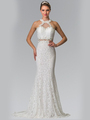 50-2297 High Neck Lace Long Prom Dress with Train - White, Front View Thumbnail