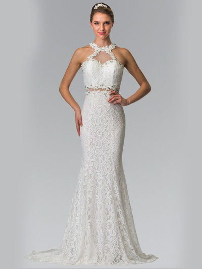 50-2297 High Neck Lace Long Prom Dress with Train - White, Front View Medium