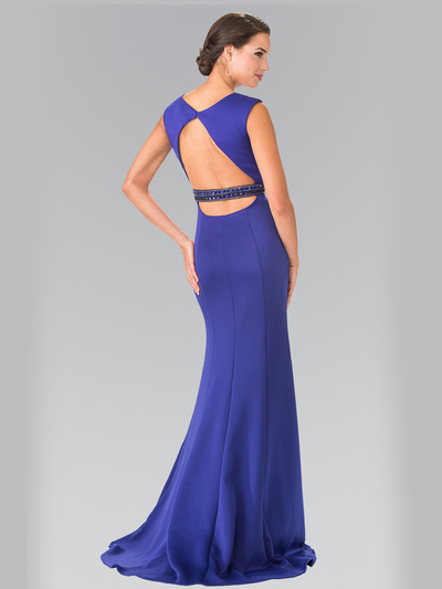 50-2306 High Neck Long Evening Dress with Cutout Back - Royal Blue, Back View Medium
