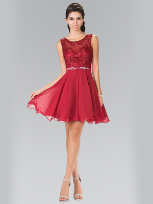 50-2314 Embroidery Top Chiffon Cocktail Dress, Burgundy