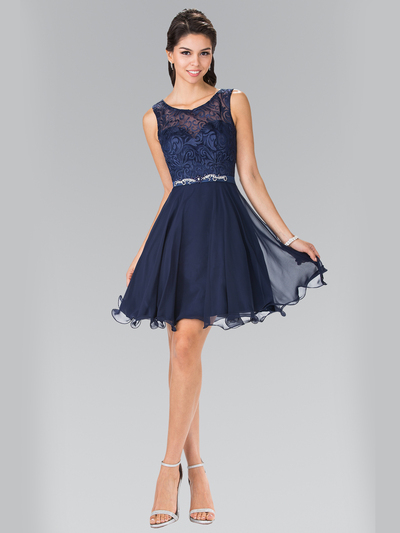 50-2314 Embroidery Top Chiffon Cocktail Dress - Navy, Front View Medium