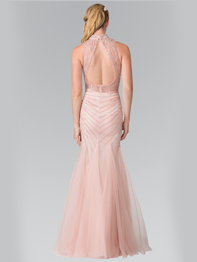 50-2330 High Neck Beaded Prom Dress with Mermaid Hem - Blush, Back View Medium