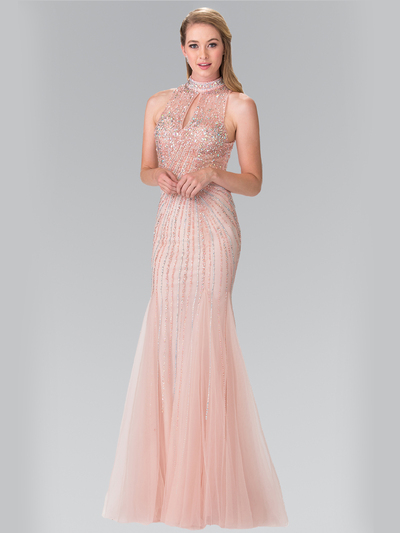50-2330 High Neck Beaded Prom Dress with Mermaid Hem - Blush, Front View Medium