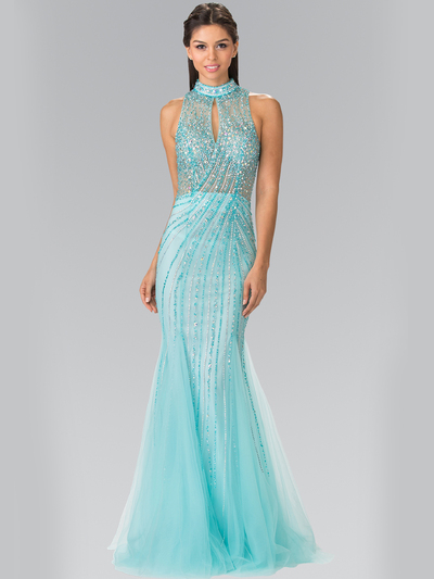 50-2330 High Neck Beaded Prom Dress with Mermaid Hem - Tiffany, Front View Medium
