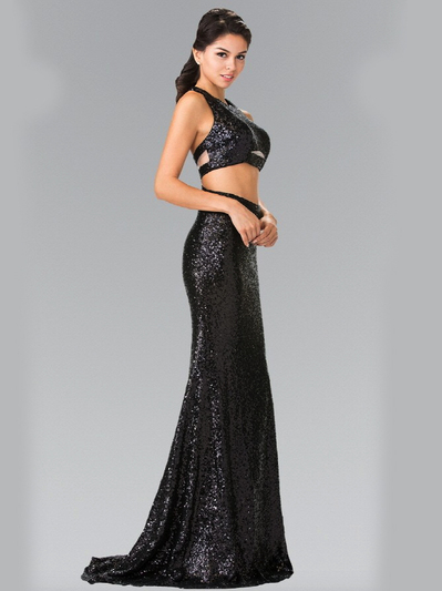 50-2333 Mock Two-Piece Sequin Long Prom Dress - Black, Front View Medium