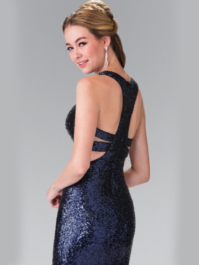 50-2333 Mock Two-Piece Sequin Long Prom Dress - Navy, Back View Medium