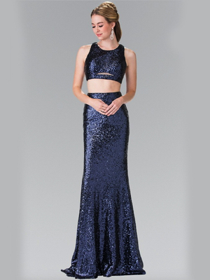 50-2333 Mock Two-Piece Sequin Long Prom Dress, Navy