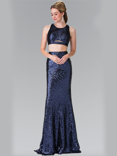 50-2333 Mock Two-Piece Sequin Long Prom Dress - Navy, Front View Medium