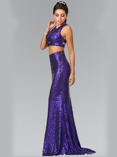50-2333 Mock Two-Piece Sequin Long Prom Dress - Purple, Front View Medium